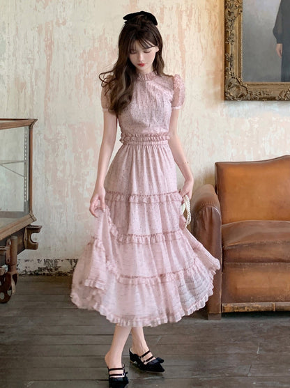 [Reservations] Dusty Pink Ruffle Top + Pink Tender Cake Long Skirt