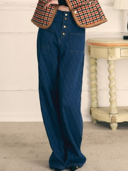 Retro Diamond Pattern Wide Leg Jeans