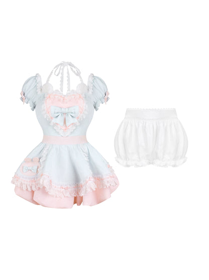 ブルーラブドレス+ホワイトバブルパンツ