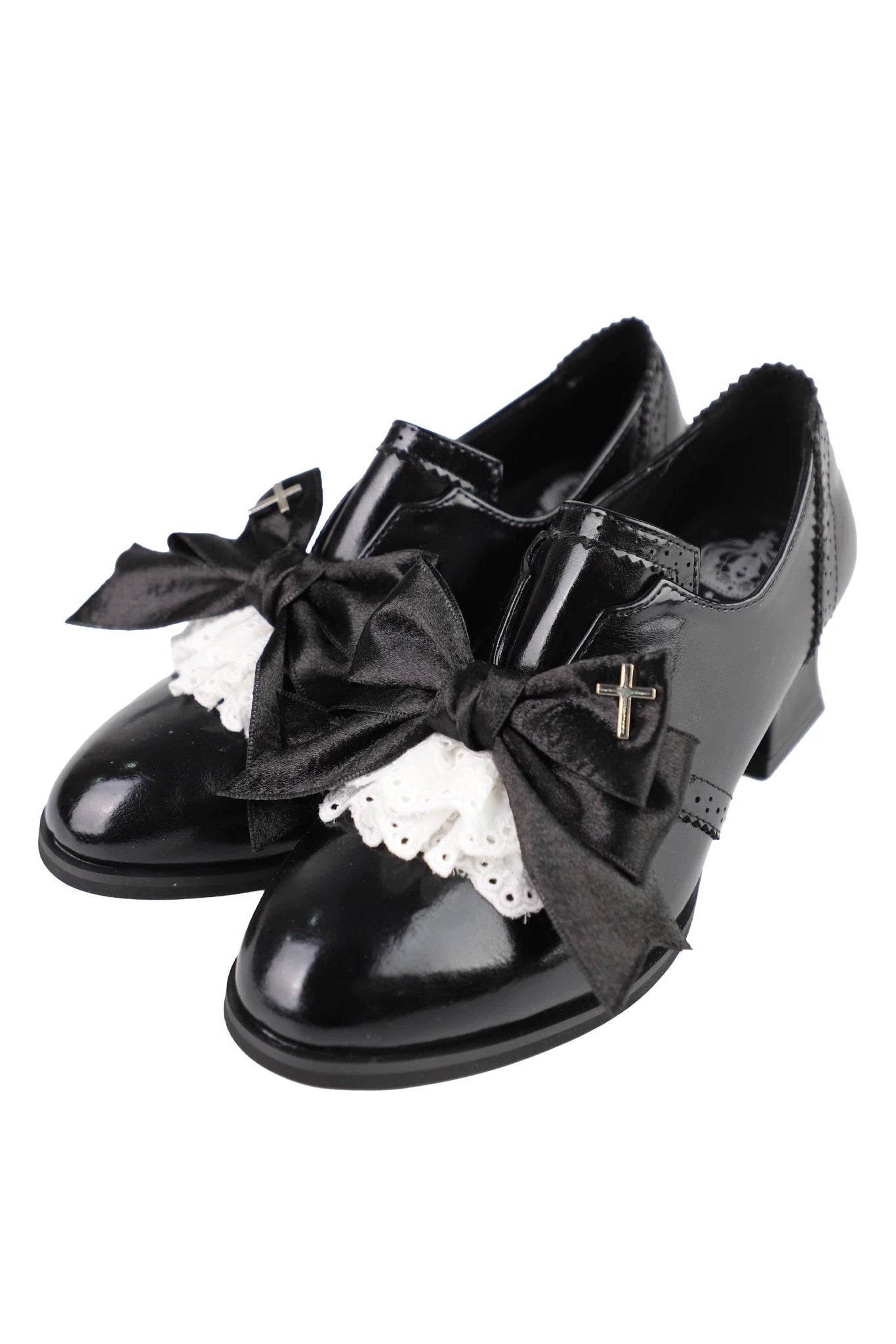 [Reservierungsschluss 25. Juli] Schwarze/dunkel-schwarze Wildleder-Schuhe im Dark-Gothic-Stil mit Kreuzmotiv, Schleife und Spitze