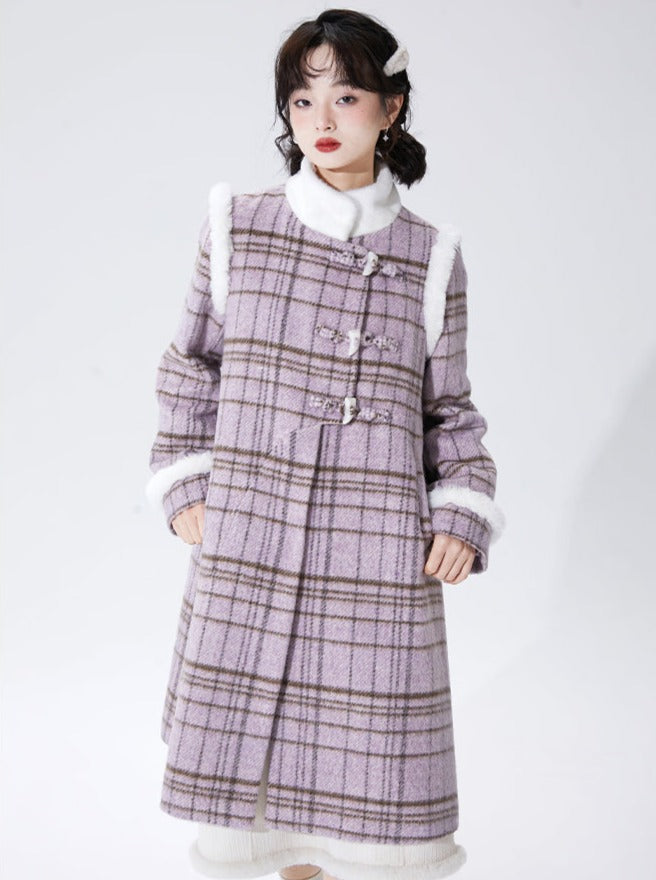 Purple Horn Button Check Stand Collar Wool Coat