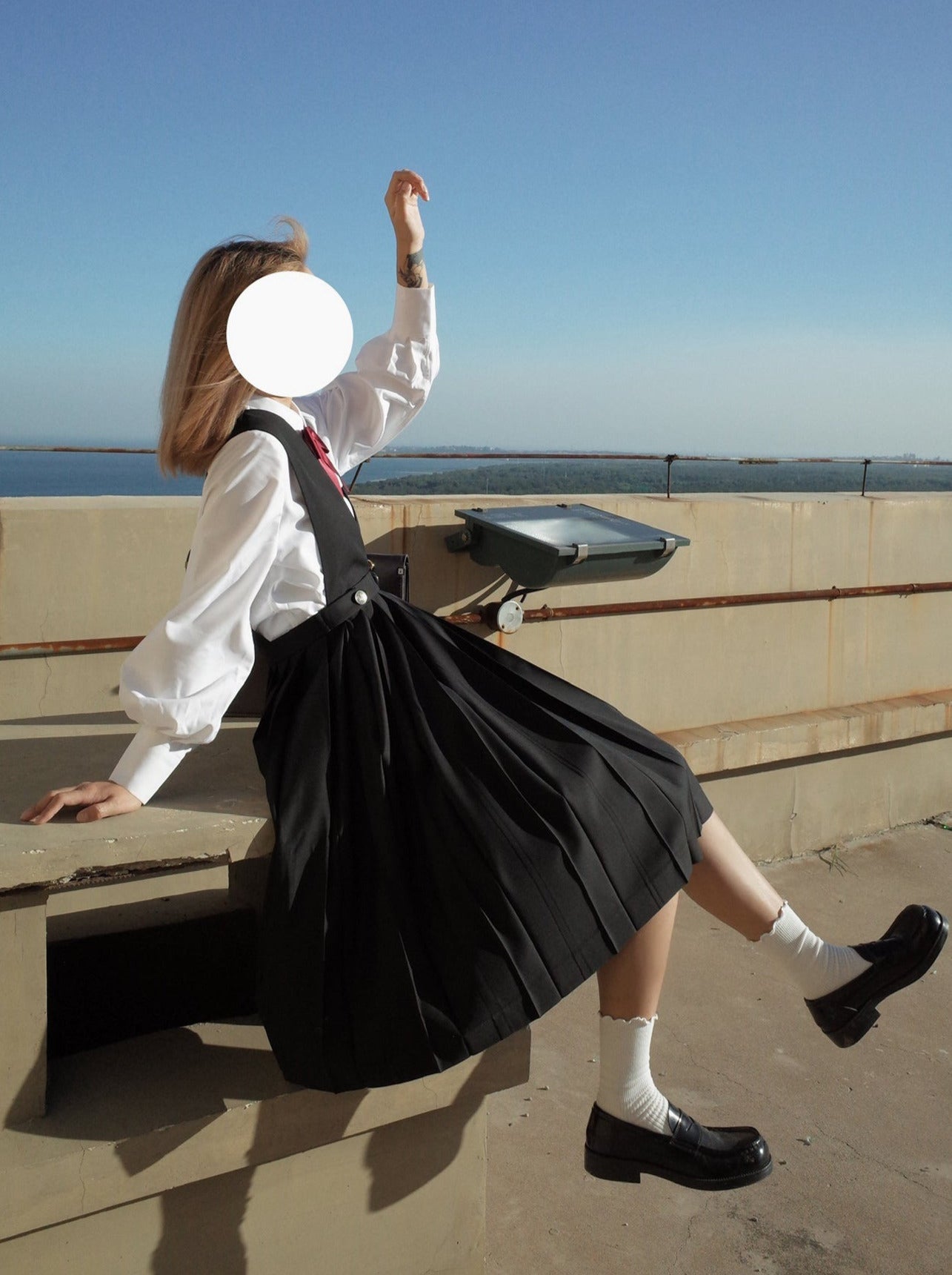 Black Princess College Style Short Jacket + White Shirt + V-Neck Pleated Dress [Reserved Item