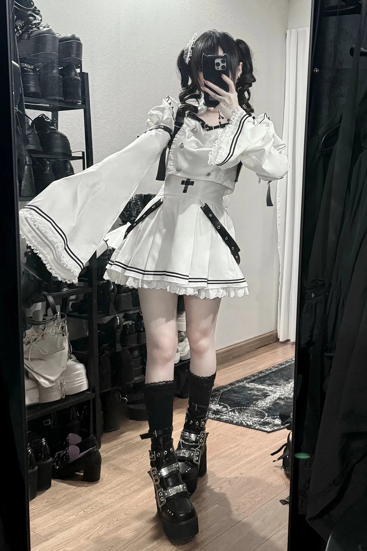 [Pre-order Deadline: November 15] White and Black Gothic Choker-Neck Bell-Sleeve Frilled Crop Top with Buckle Strap + Medical Cross Strap Skirt