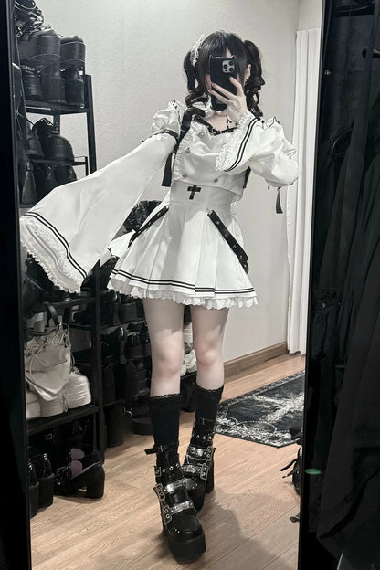 [Pre-order Deadline: November 15] White and Black Gothic Choker-Neck Bell-Sleeve Frilled Crop Top with Buckle Strap + Medical Cross Strap Skirt
