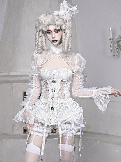 Sleeping Alice White Gothic Dark Fishbone Straps Corset Bustier [Réservé].