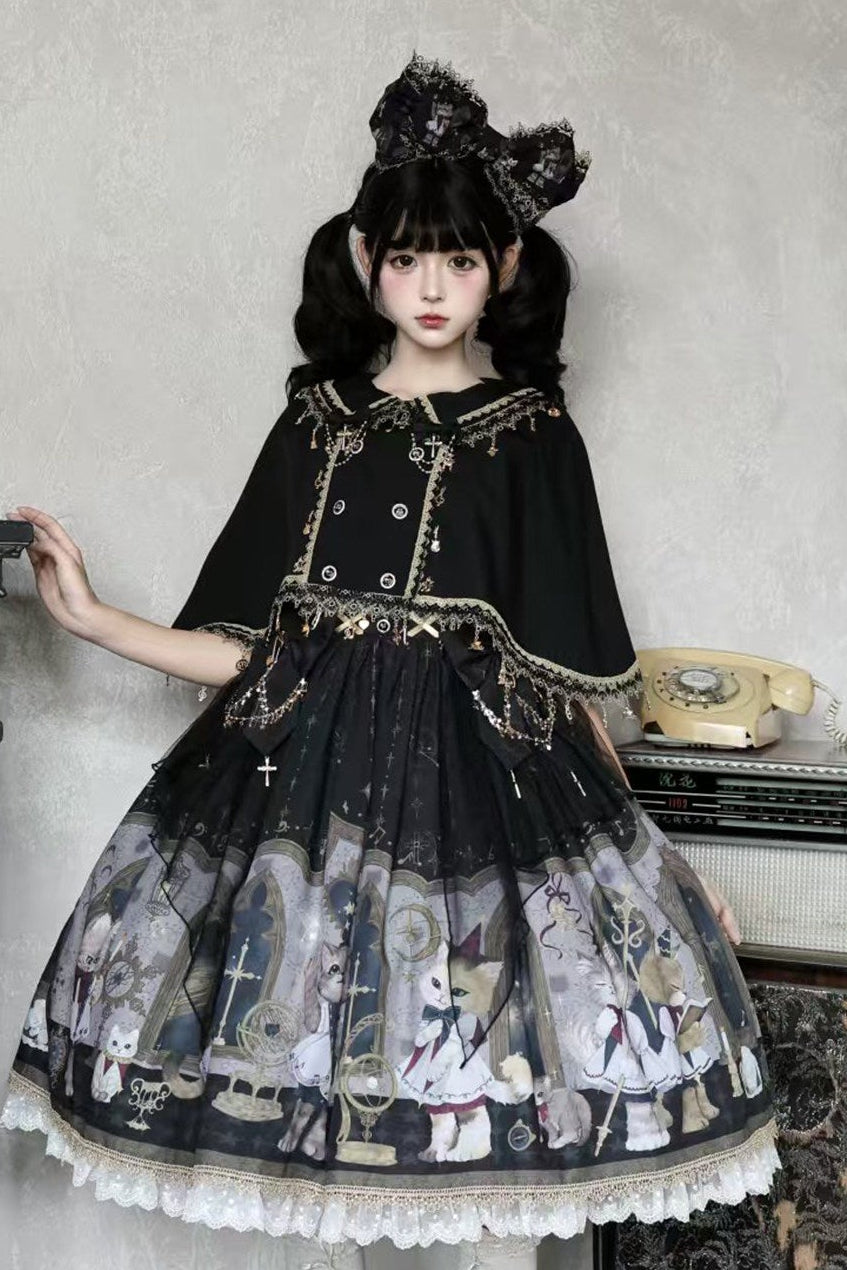 Reservation Deadline: December 26 Black Gold Gothic Lolita Cat Choir Series Accessories (Cat Ear BB Hat + Back Ribbon Train + Pair of Side Ribbons with Musical Note and Cross Motifs + Cat Print Ribbon KC + Black Cat Ear Lace Mini Hat)