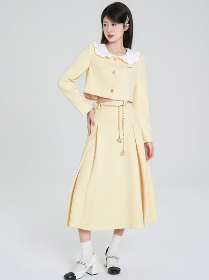 Milky Yellow Short Jacket + Long Flared Skirt