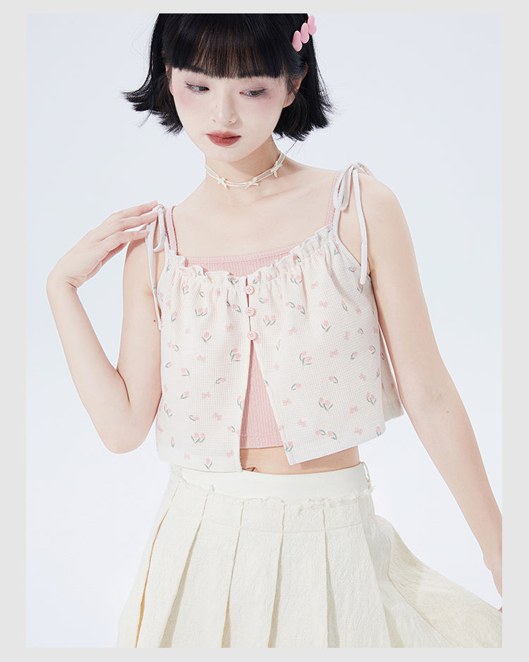 Frilled flower & pink layer ribbon camisole