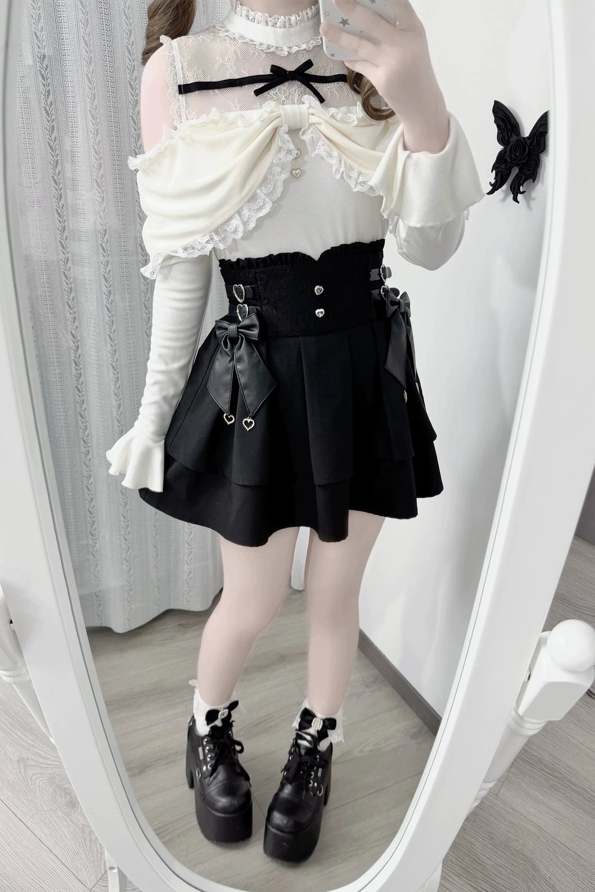 [Pre-order Deadline: October 15] Romantic White Bow Sheer Lace Off-Shoulder Knit Top + Black Bow Lace Layered Mini Skirt