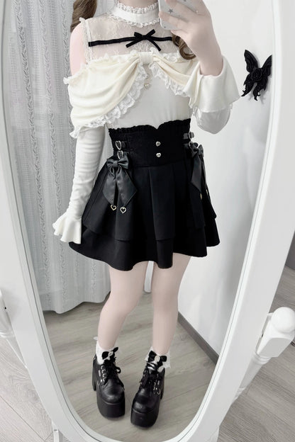 [Pre-order Deadline: October 15] Romantic White Bow Sheer Lace Off-Shoulder Knit Top + Black Bow Lace Layered Mini Skirt
