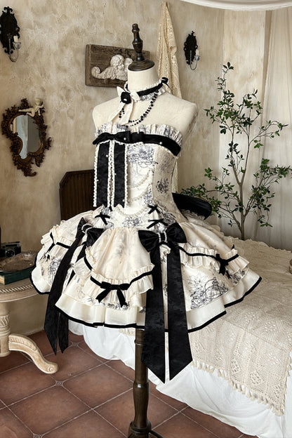 Brandy French Pearl Elegant Bustier Dress + Black Jacquard Jacket + Accessories