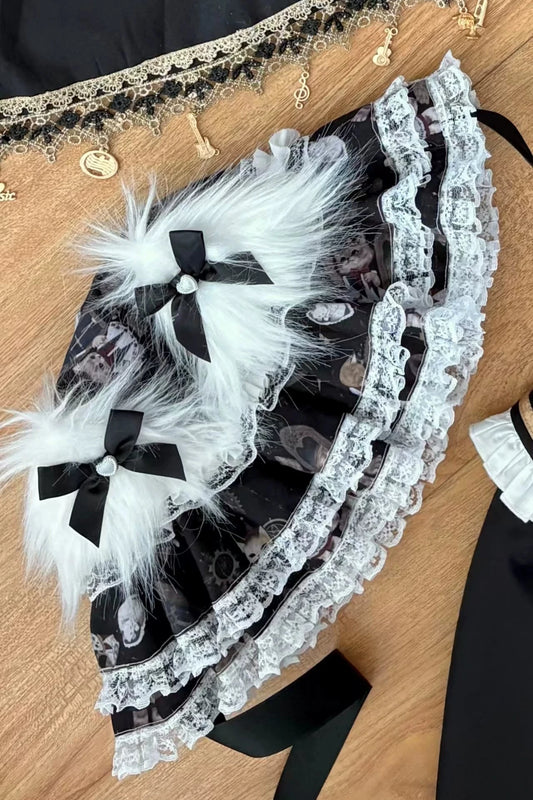 Reservation Deadline: December 26 Black Gold Gothic Lolita Cat Choir Series Accessories (Cat Ear BB Hat + Back Ribbon Train + Pair of Side Ribbons with Musical Note and Cross Motifs + Cat Print Ribbon KC + Black Cat Ear Lace Mini Hat)