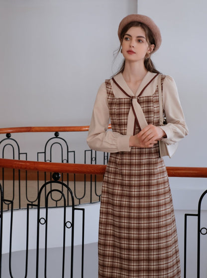 Queen Maillard French Retro Faux Retro Faux Two Piece Wool Check Dress