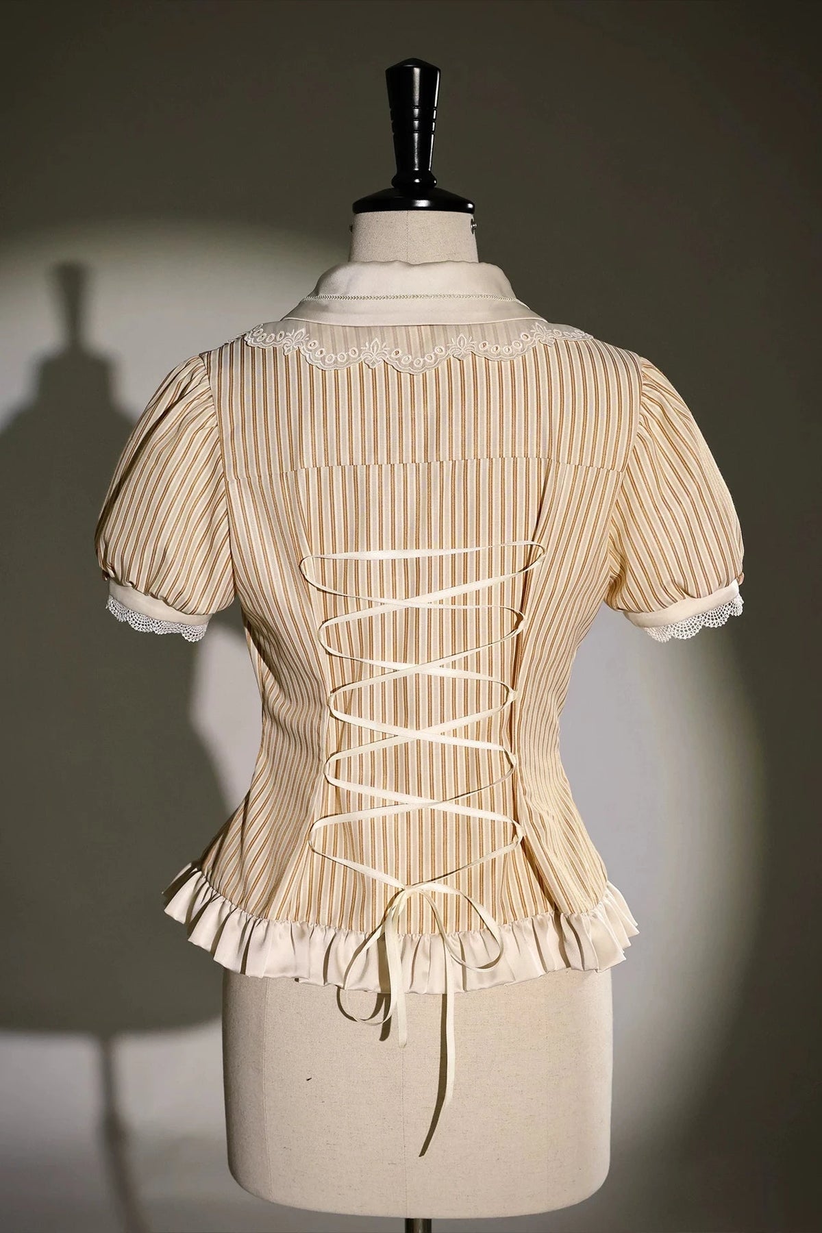 [Reservation Deadline: November 6] Beige Striped Short-Sleeve Lolita Shirt with Beautiful Embroidery and a Layered Lace Collar + Pair of Detachable Long Sleeves + Long-Sleeve Shirt (with Detachable Embroidered Collar)