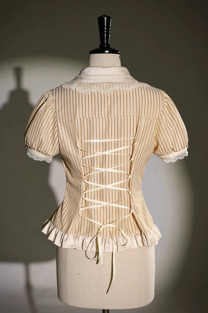 [Reservation Deadline: November 6] Beige Striped Short-Sleeve Lolita Shirt with Beautiful Embroidery and a Layered Lace Collar + Pair of Detachable Long Sleeves + Long-Sleeve Shirt (with Detachable Embroidered Collar)