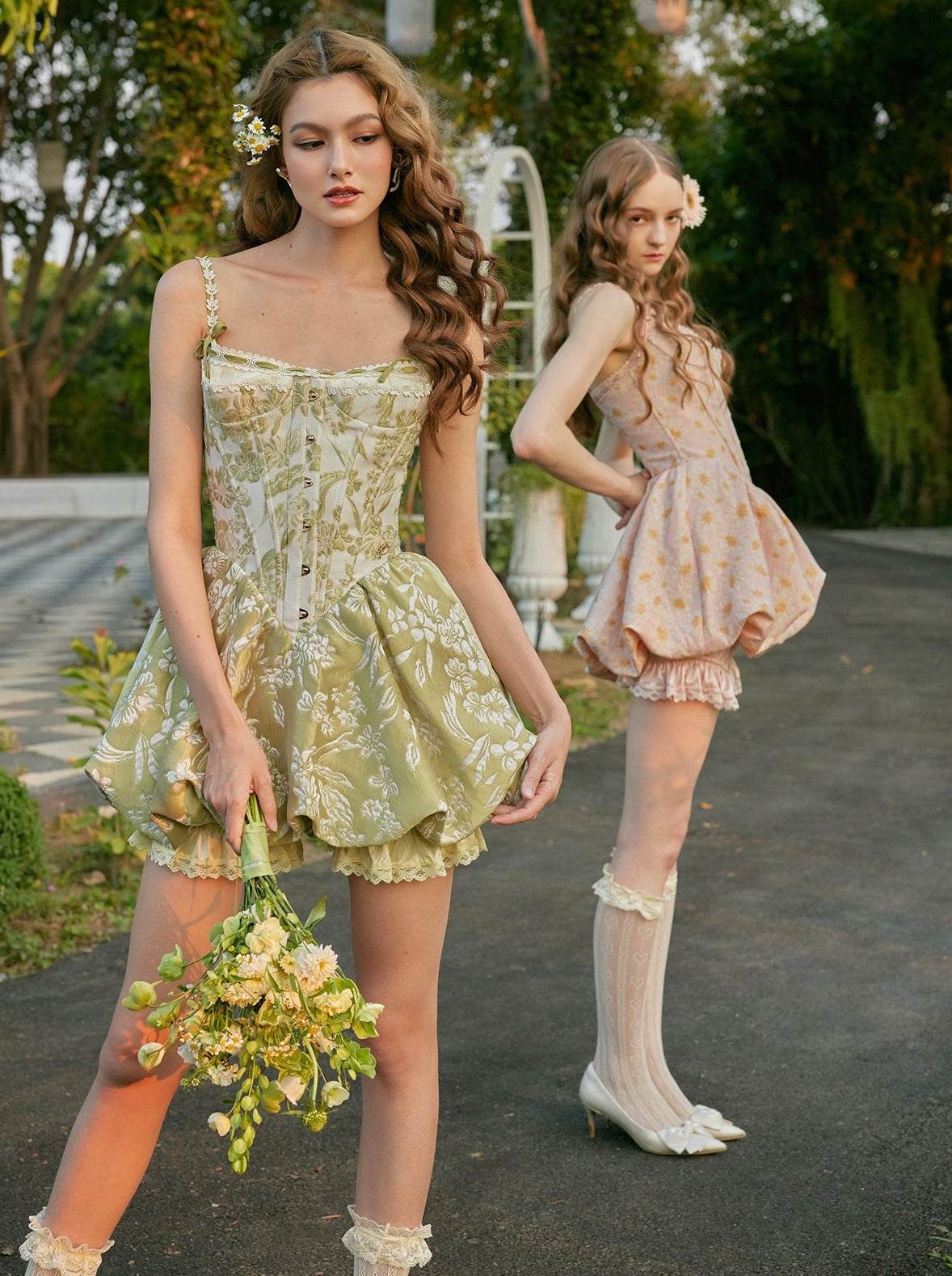 Retro Jacquard French Doll Feel Blooma Fishbone Short Dress