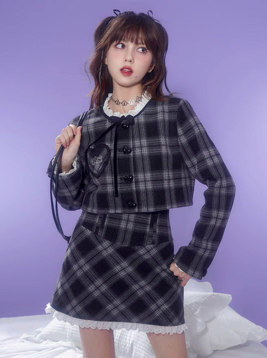 Dark-colored check jacket + lace check skirt