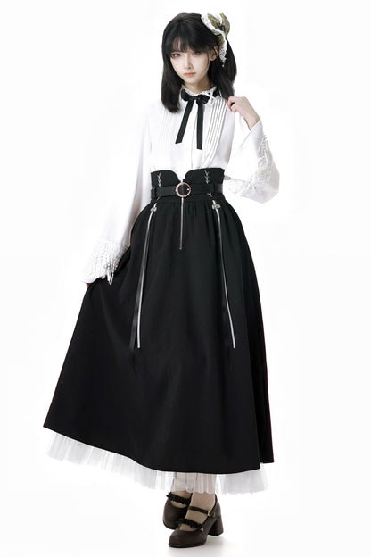 ダークモードスクエアネックカーディガン+シャツ+ロングスカート