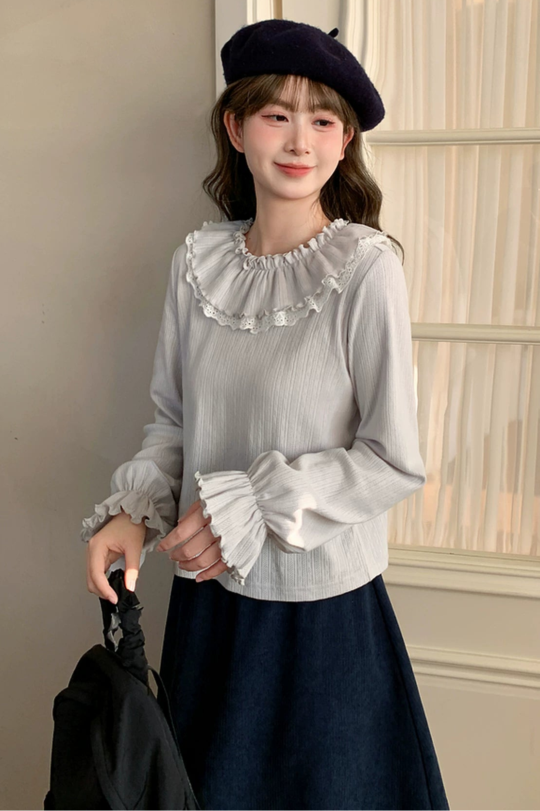 フリルカラーレトロスイートトップス