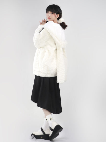 Bunny ears hoodie & sailor faux fur coat + off the shoulder sheep print top + skirt