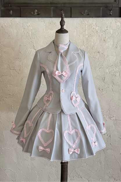[Pre-order Deadline: June 28] Pink/Gray Vintage Lolita Heart Ribbon Tailored Jacket + Skirt + Tie