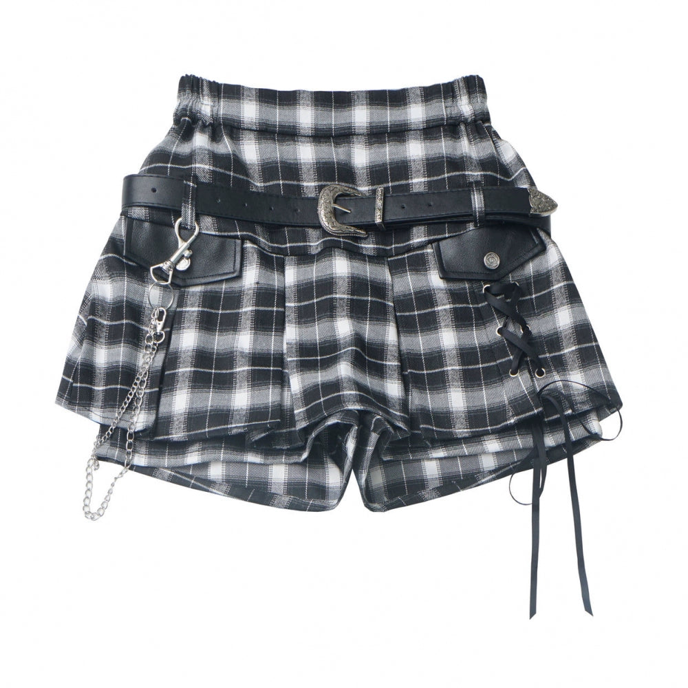 Y2K hooded short top + sleeveless shirt with tie + check culottes