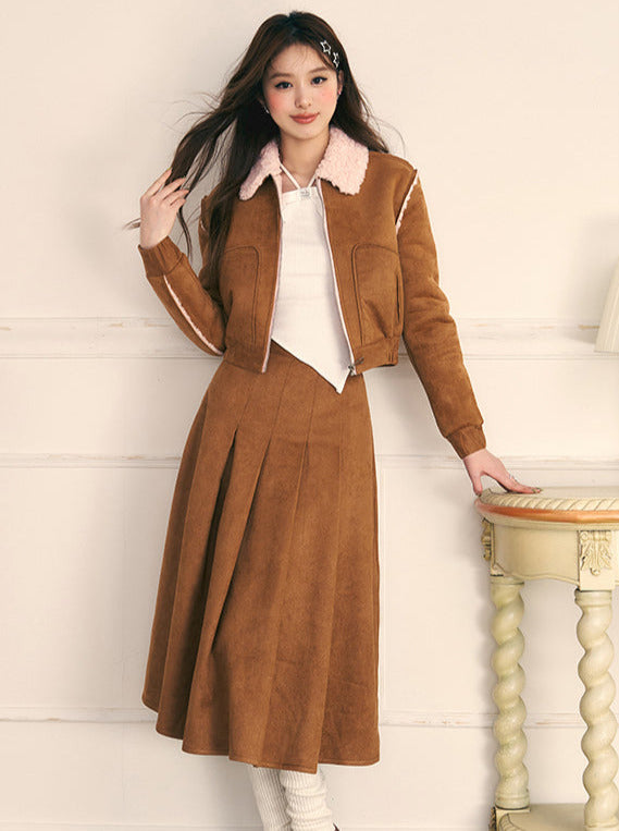 Caramel Jenny Suit Lamb Fur Short Coat + Skirt Setup