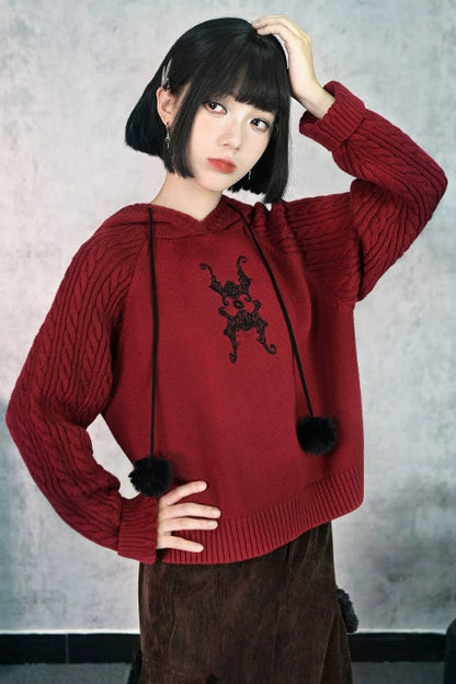 フーバットダークレッドニットフードパーカー