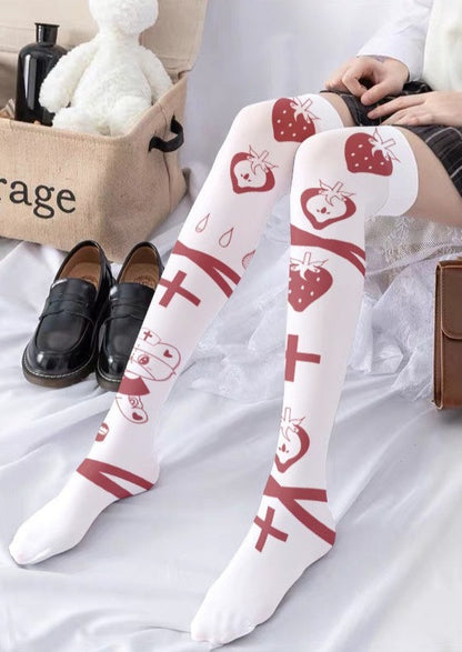 Gothic Cross Print Knee-High Socks