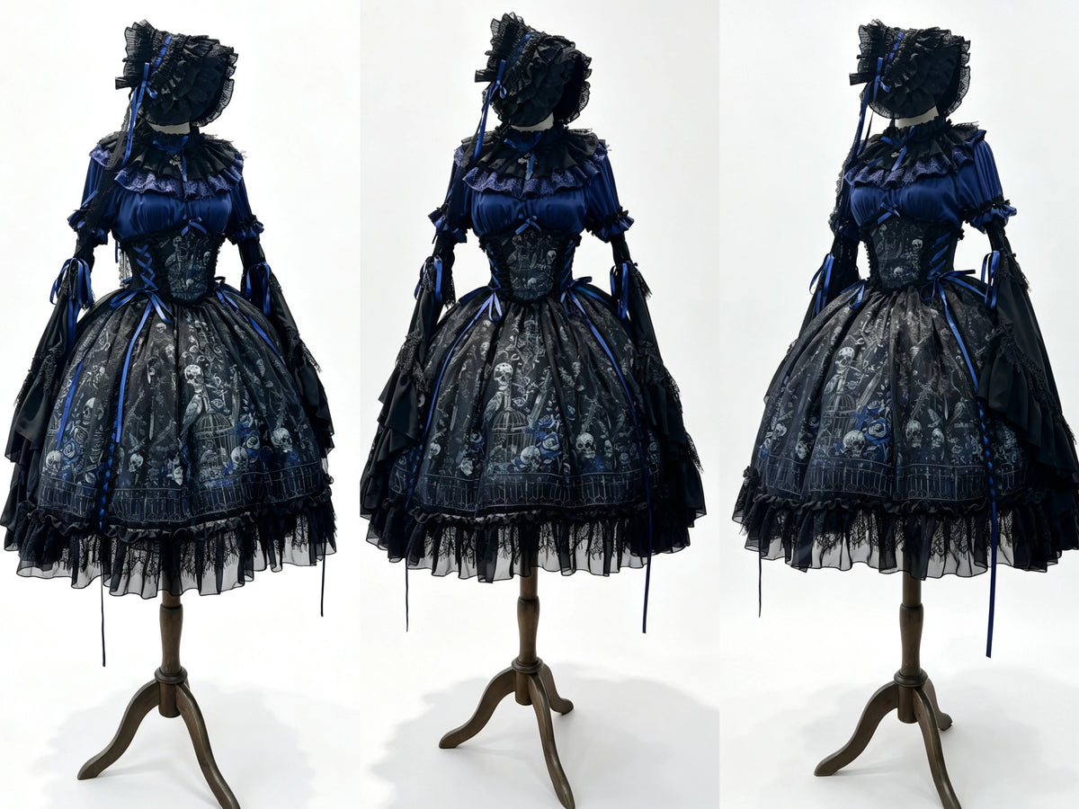 【11月25日予約締切】Gothic Lolita Frill Lace Puff Sleeve Satin Shirt + Skeleton Lace Layered Corset Skirt + Detachable Bell Sleeves + Bonnet Set