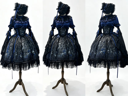【11月25日予約締切】Gothic Lolita Frill Lace Puff Sleeve Satin Shirt + Skeleton Lace Layered Corset Skirt + Detachable Bell Sleeves + Bonnet Set