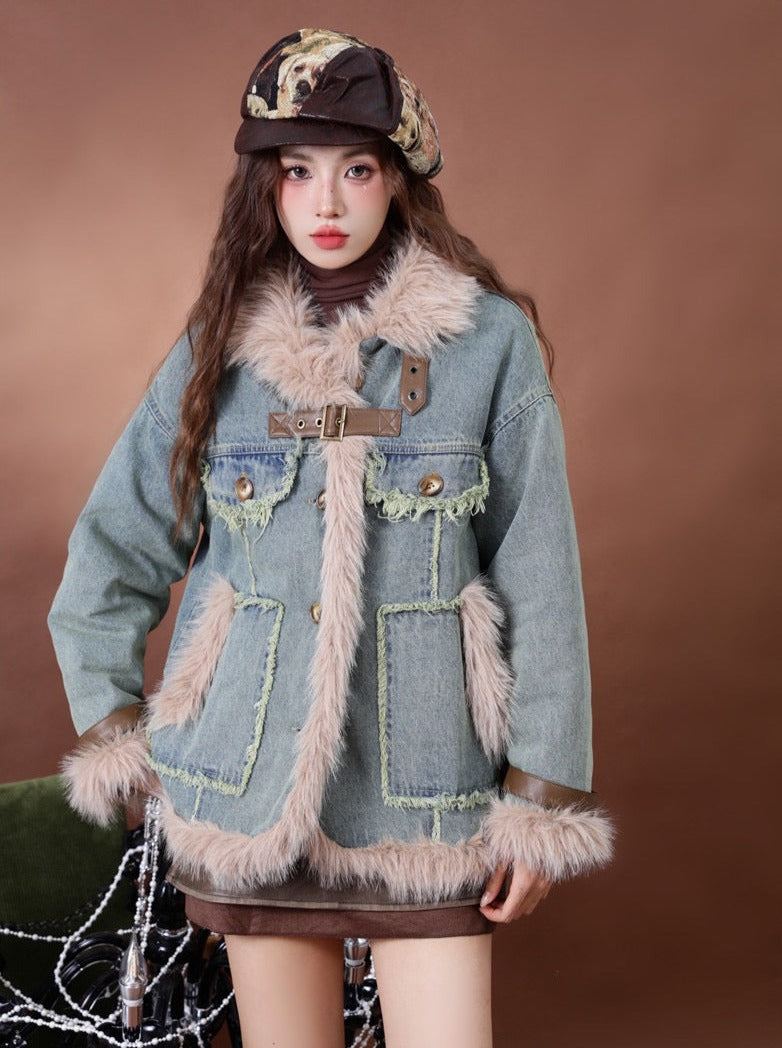 Retro Fur Patchwork Denim Coat