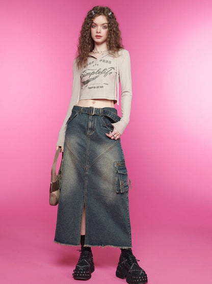 Front slit long denim skirt