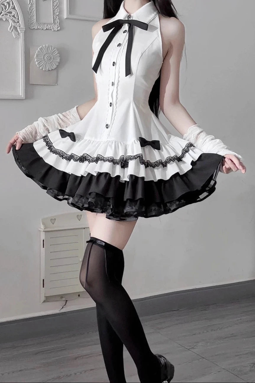 [Pre-order Deadline: October 15] Black Bow Off-Shoulder Lace Flare-Sleeve Jacket + Black and White Lace-Trim Bow Halter Dress with Tie