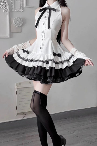 [Pre-order Deadline: October 15] Black Bow Off-Shoulder Lace Flare-Sleeve Jacket + Black and White Lace-Trim Bow Halter Dress with Tie