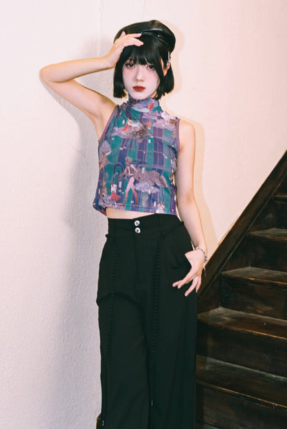 プリントメッシュハイネックノースリーブトップス