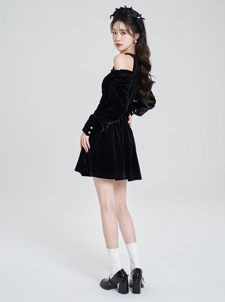 Off-Shoulder Halter Neck Black High End Velvet Dress