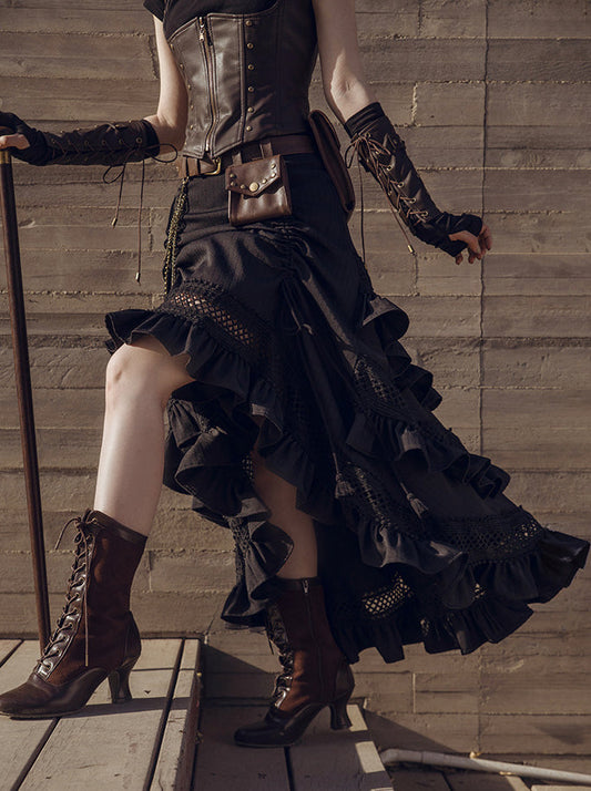 Steampunk Black Drawstring Tiered Retro Edge Long Skirt