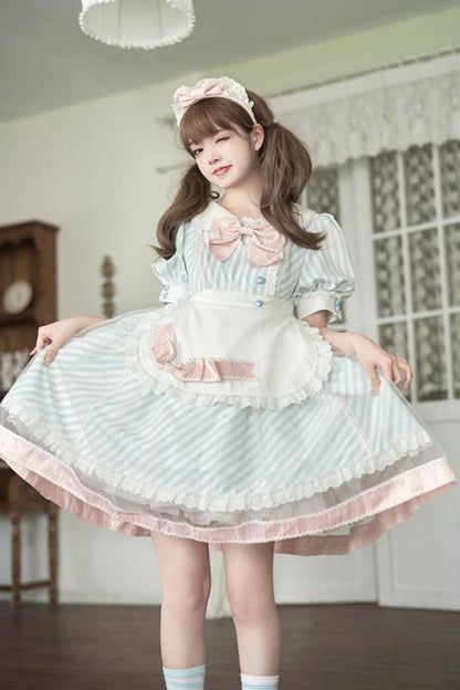 [Reservation product] Pastel Color Striped Sweet Ribbon Dress