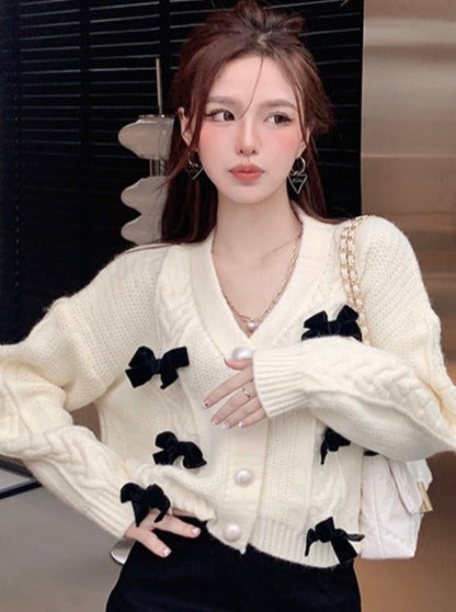 Ribbon Pearl Cable Knit Cardigan