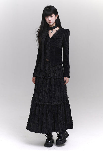 Velvet v-neck top + mode ghost skirt