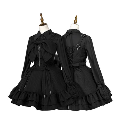 【12月26日予約締切】ゴシックロリータダークカラーストライプリボンサスドレス