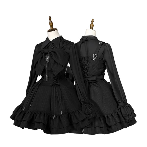【12月26日予約締切】ゴシックロリータダークカラーストライプリボンサスドレス