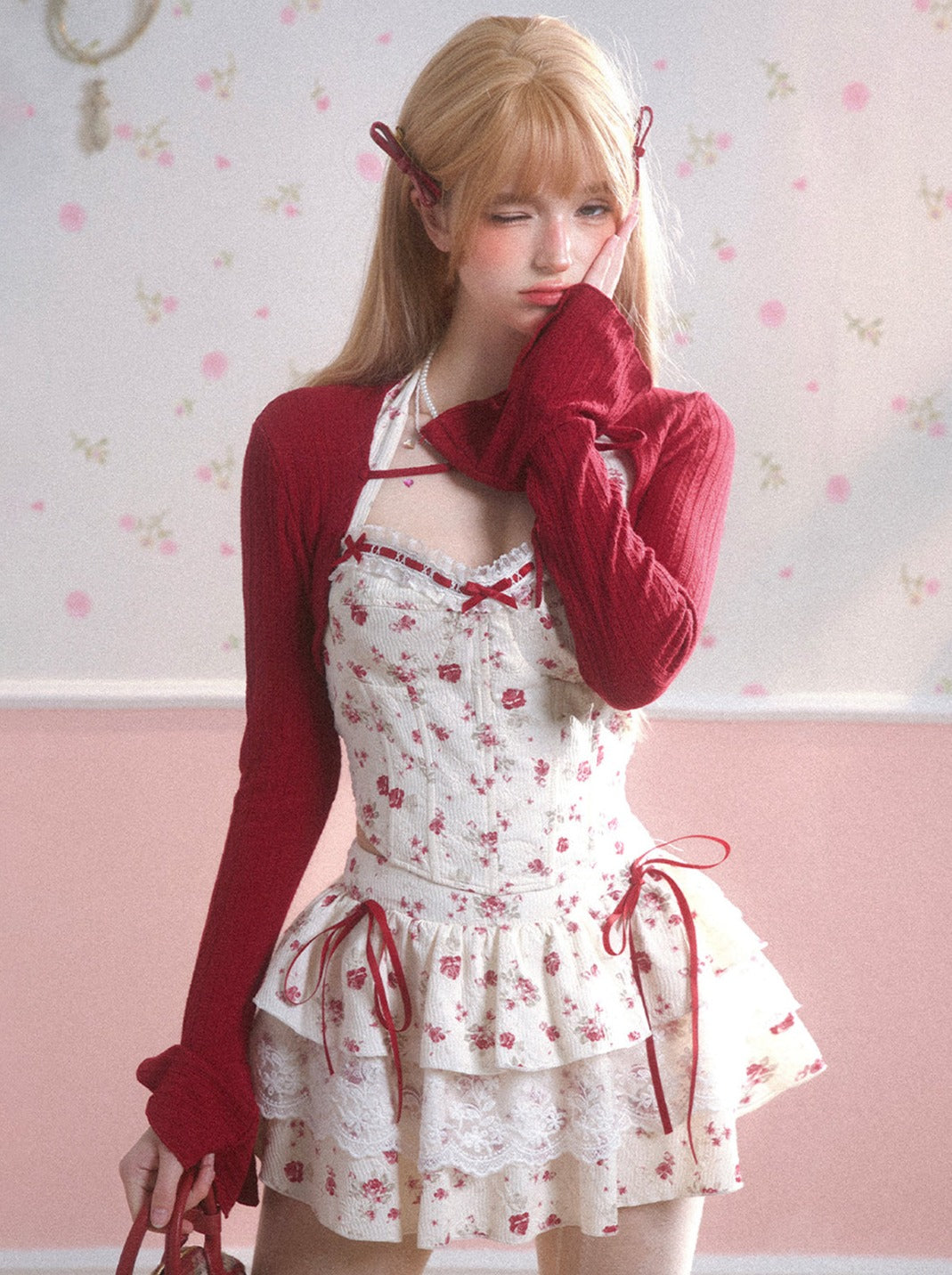 Red Cardigan + Flower Top + Cake Skirt