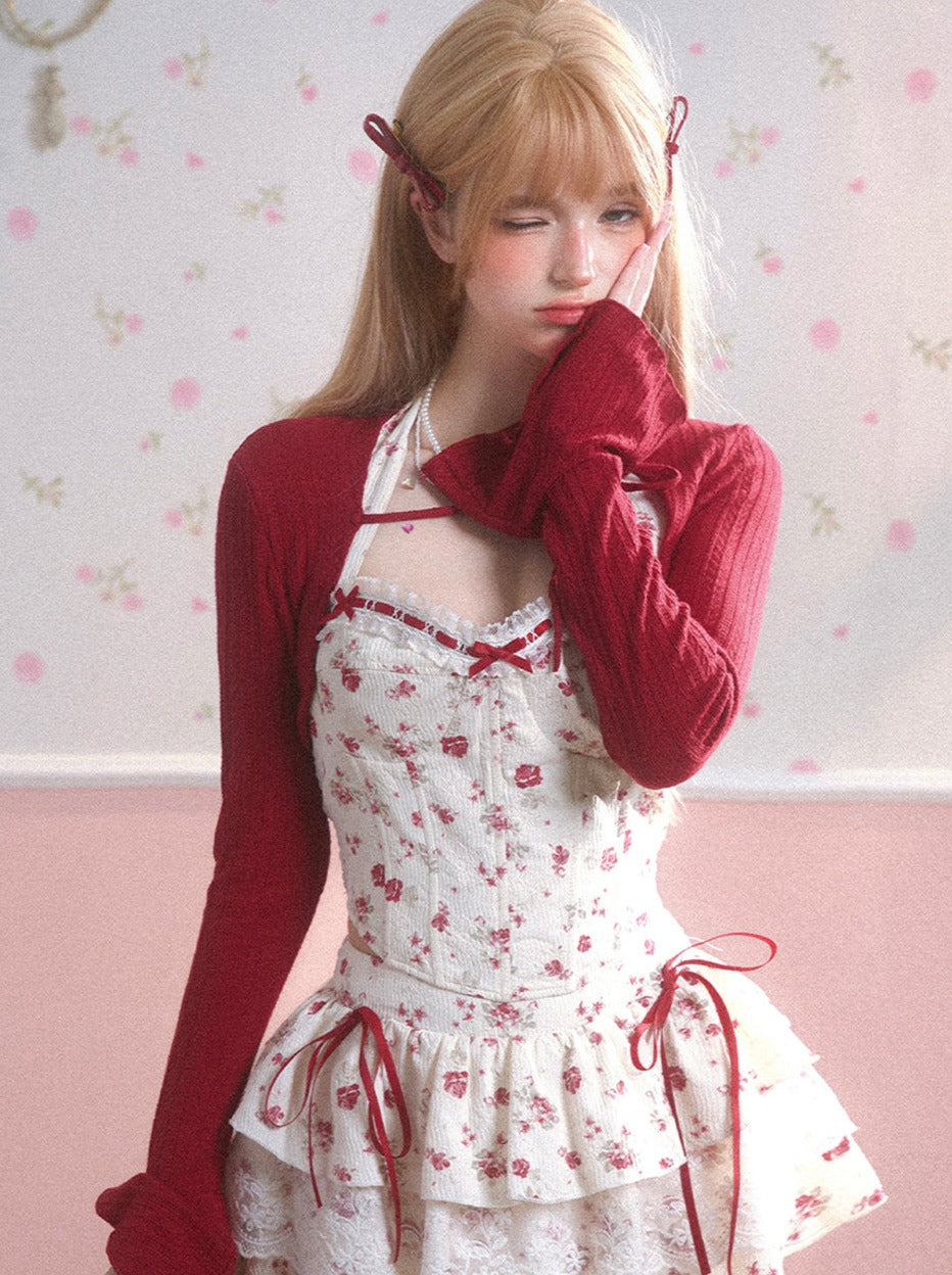 Red Cardigan + Flower Top + Cake Skirt