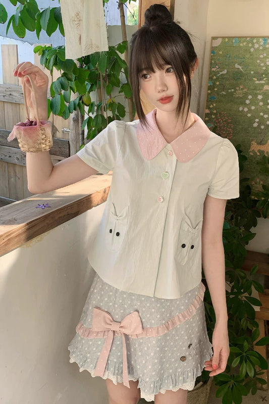 Grün-Apfel-Polka-Dot-Oberteil + Rock