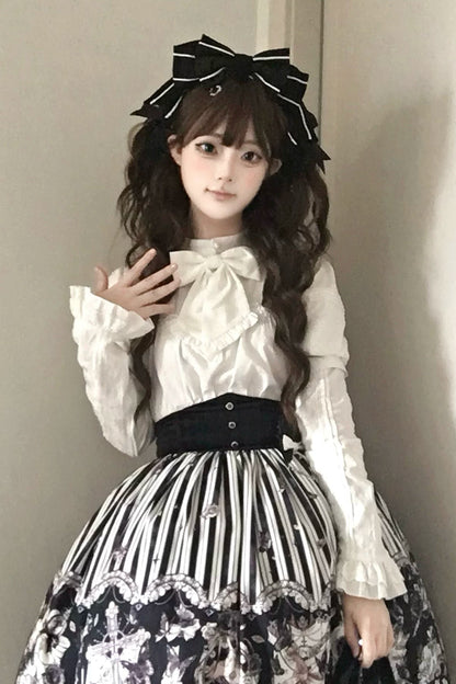 【10月3日予約締切】Black/White Elegant Gothic Series Accessories(Black Butterfly Print Striped Ribbon Hat, Black Rose Ribbon Brooch, Ribbon KC, Hair Clip Pair, Bonnet)