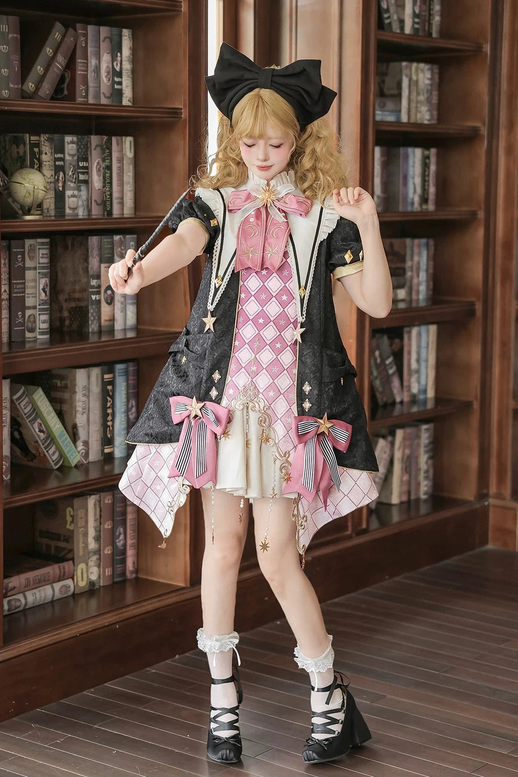 【10月13日予約締切】Magic Academy Starry Diamond Pendant Bow Lolita Dress + Black Lace Trim Bow Puff Sleeve Jacket + Detachable Star Embroidery Ribbon Frill Collar + Full Set