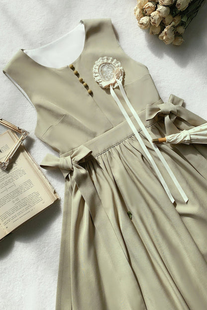 French Retro College Long Bean Green Vest Dress + Shirt + Corsage