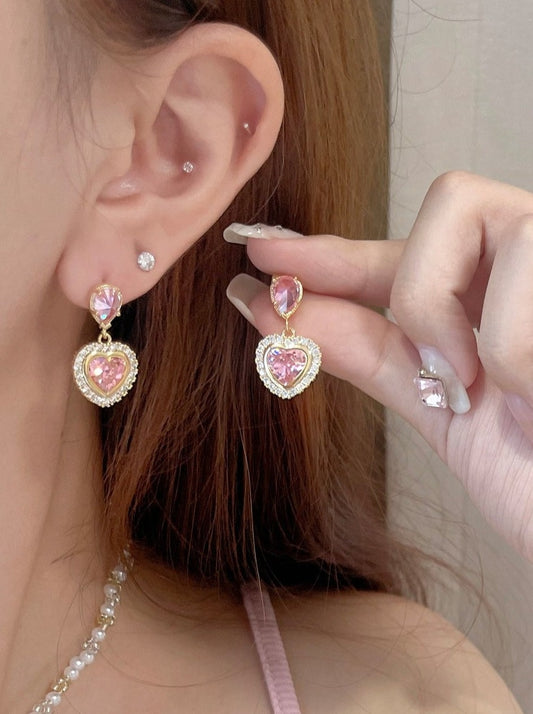 Mito Little Girly Zircon Heart Sweet Pink Gemstone Delicate Petite 925 Silver Pin Earrings Earrings
